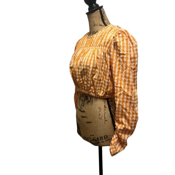 Zara Yellow Orange Gingham Checked Long Puff Sleeve Crop Top Size Medium - Picture 5 of 10